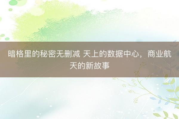 暗格里的秘密无删减 天上的数据中心，商业航天的新故事
